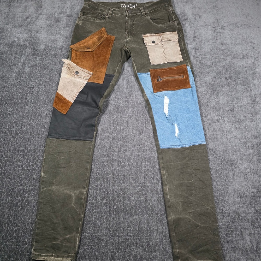 Taker Mens Patchwork Multi-Pocket Utility Pants Olive Green Streetwear 32x34